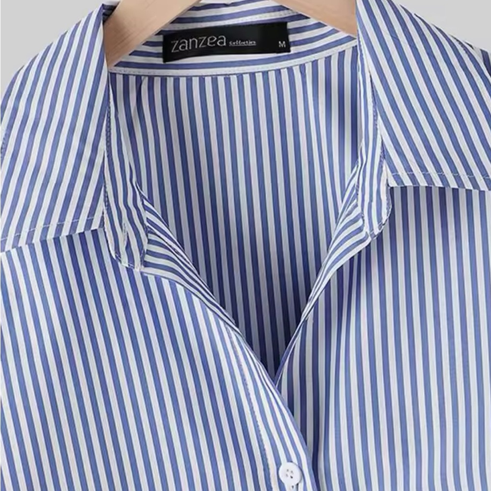 Linen Button Down Shirt Casual Fashion Women Shirts Blue Stripe shirt